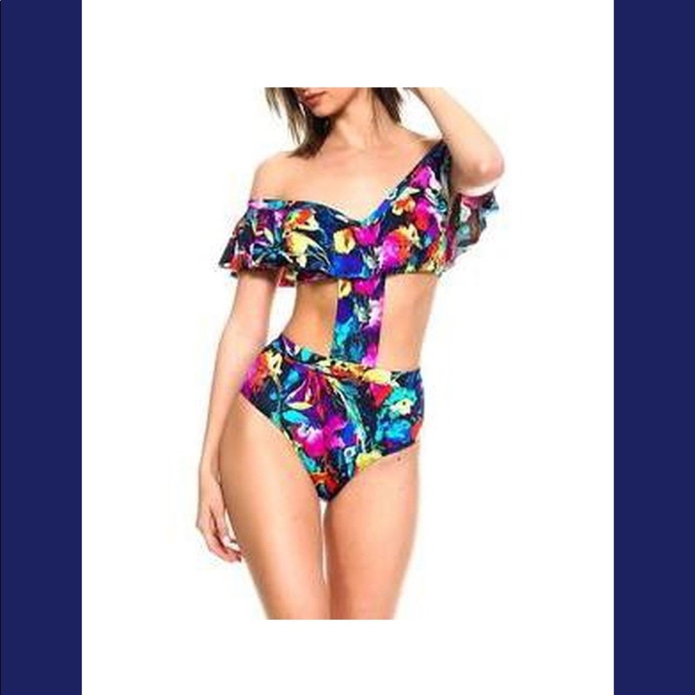 Women Floral Off Shoulder Swimwear Ruffle Monokini